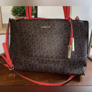 Calvin Klein Brown Red Monogram Logo Tote Clean Interior with Crossbody Strap